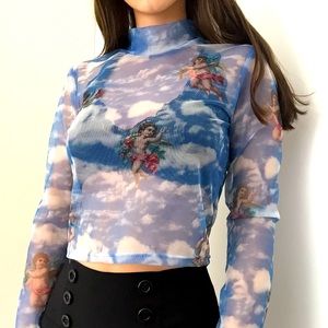 Angel blue mesh long sleeve cropped top